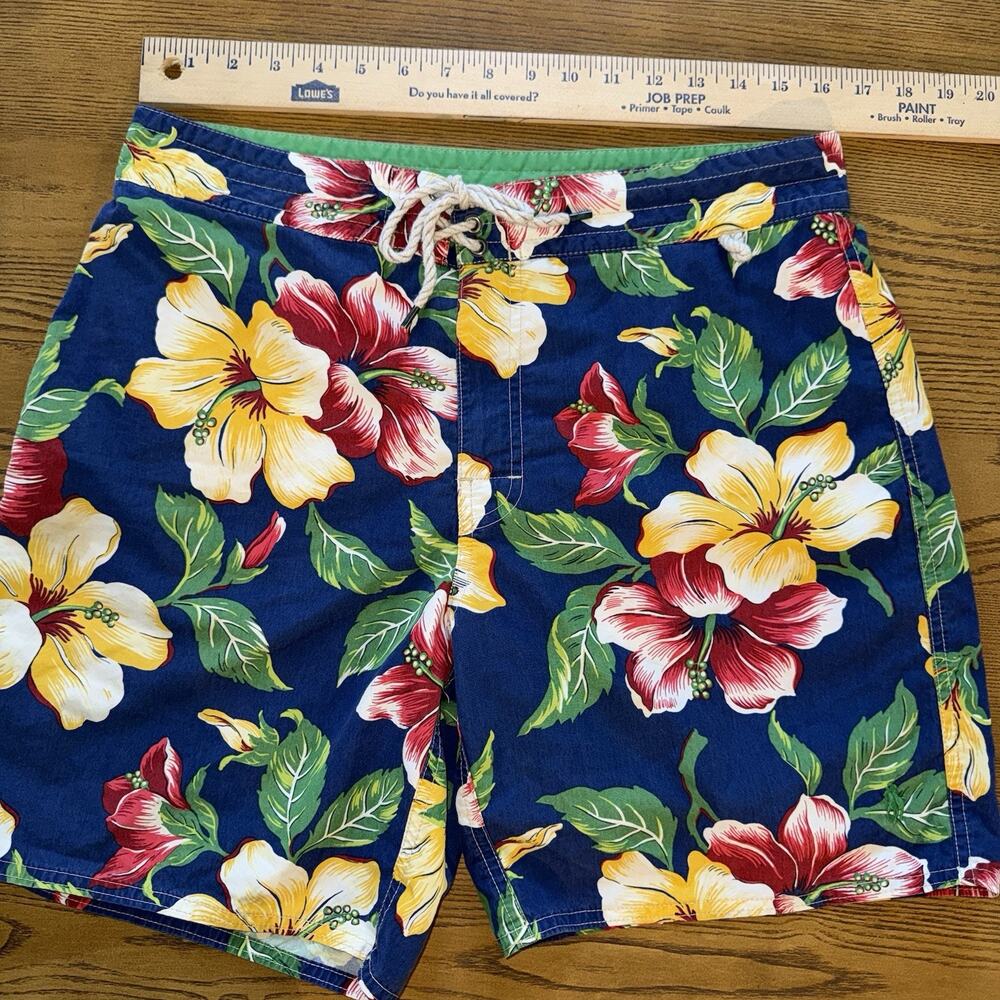 Polo Ralph Lauren Board Shorts Men 32 Blue Hawaiian Hibiscus Rope Front Tie VTG